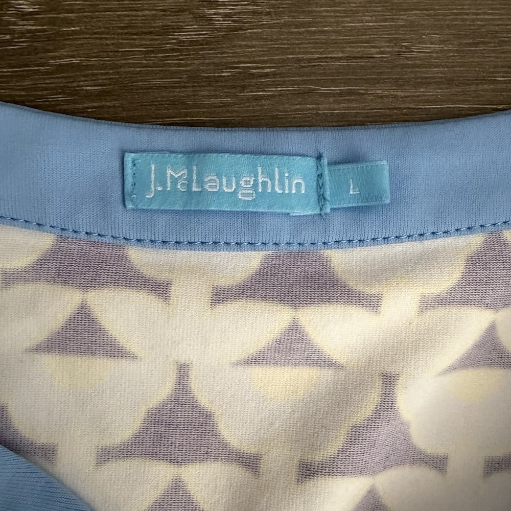 J McLaughlin Catalina Cloth Tunic Blouse Large Blue Yellow 3/4‎ Sleeve Luxury - Picture 2 of 7